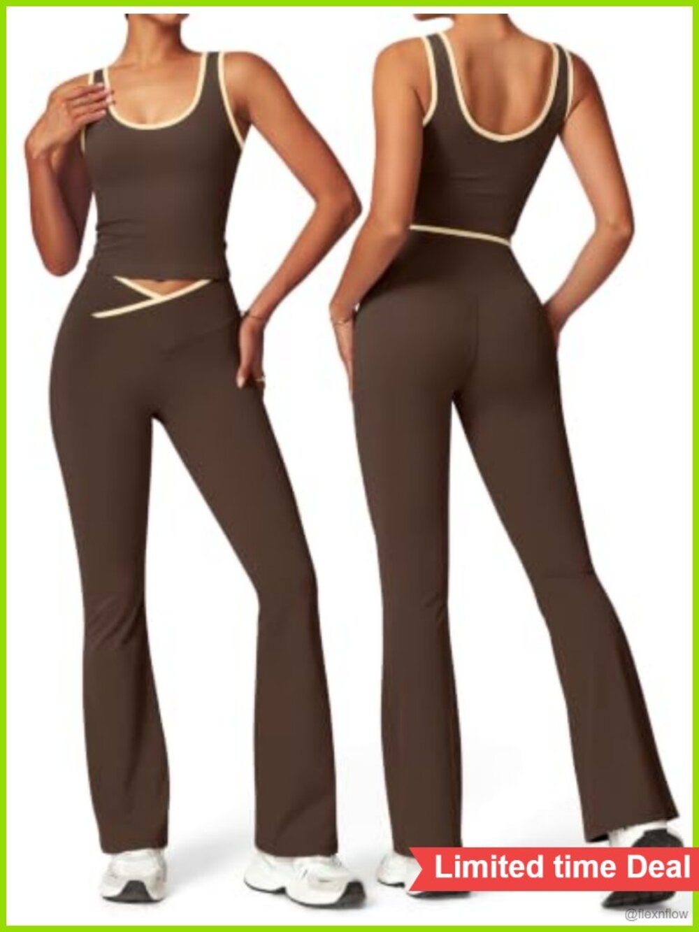 OLCHEE Womens 2 Piece Workout Set Flare Leggings Contrast Trim Tank Top